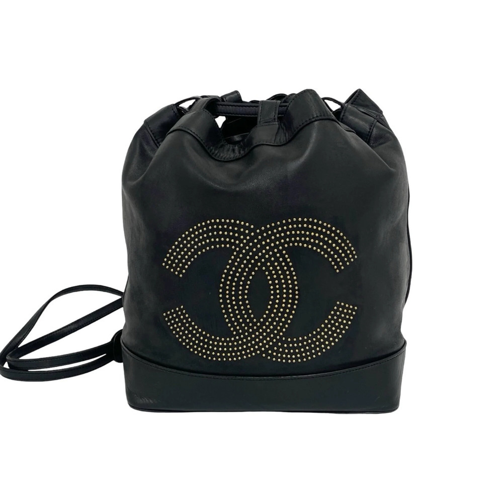 CHANEL Vintage Coco Mark Studded Leather Drawstring Shoulder Bag, Black, 27539